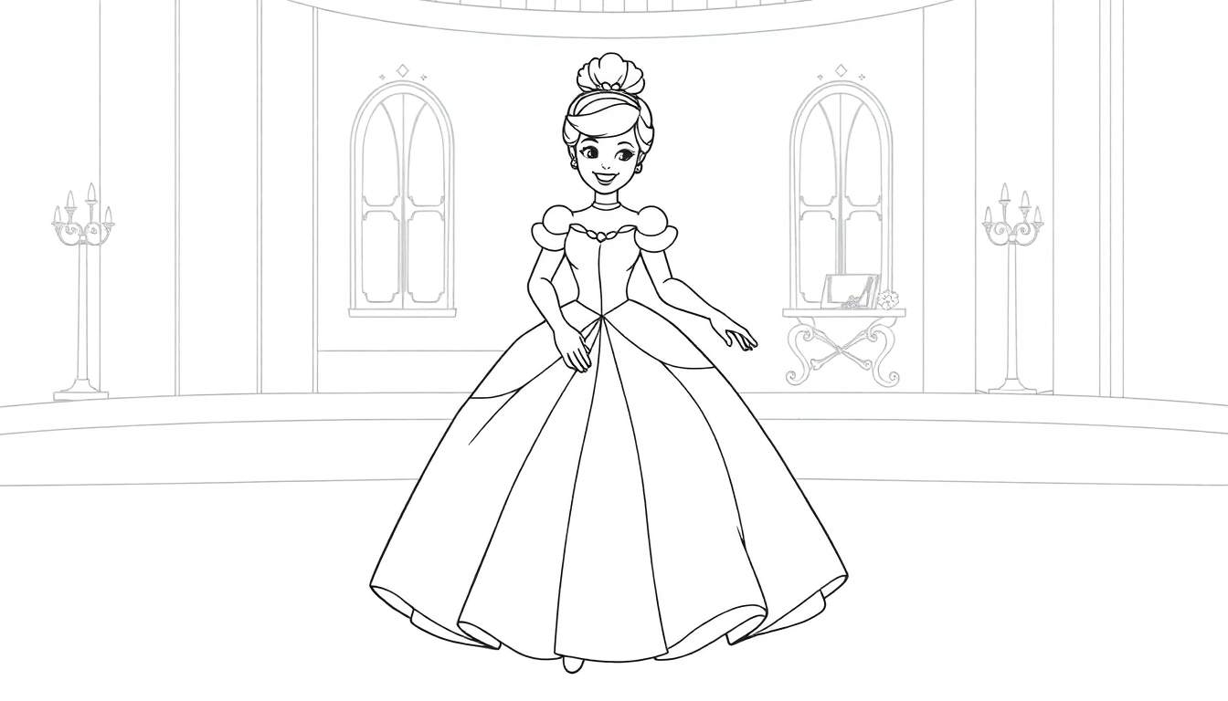 A black and white coloring page of Cinderella in a ballroom, ready to dance, smiling. This color panel is perfect for little artists!
