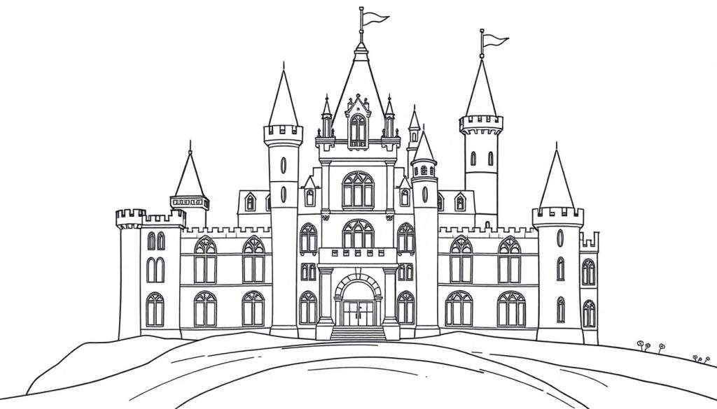 A black and white illustration of a castle on a hill, ready for coloring, a perfect color panel.