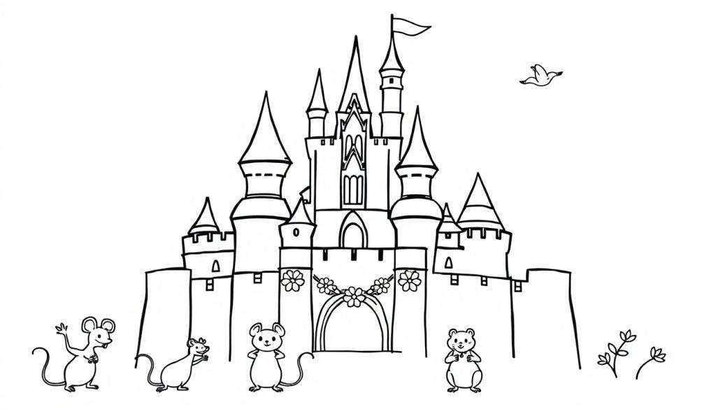 A black and white doodle art color panel of Cinderella's castle with friendly mice waving and a bird flying.