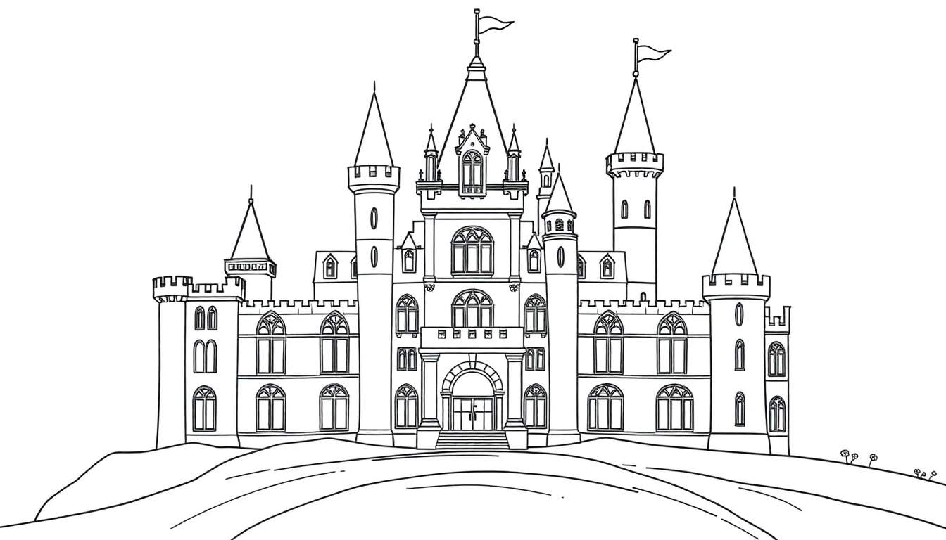 A black and white illustration of a castle on a hill, ready for coloring, a perfect color panel.