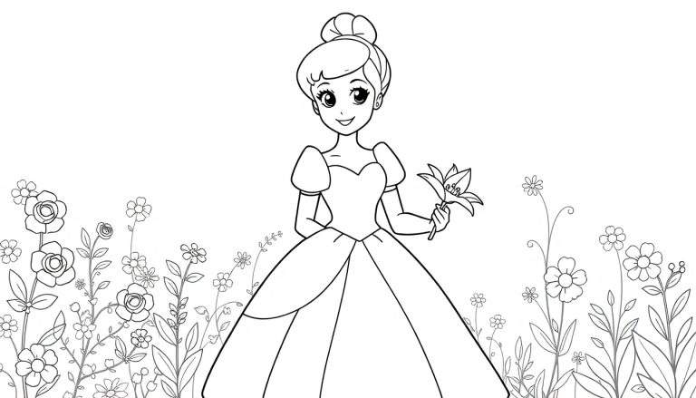 A sweet Cinderella in a garden, ready for the ball. Black and white, for coloring fun! This is a color panel.