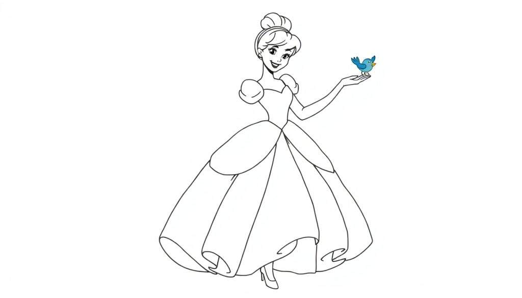 A charming color panel of Cinderella in her ballgown, smiling with a blue bird on her hand.
