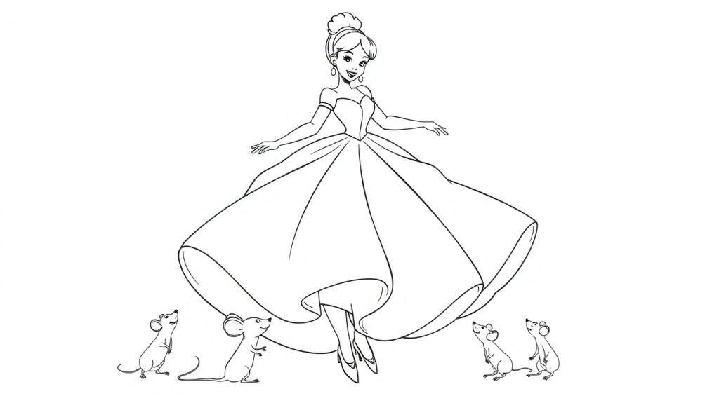 A happy Cinderella in her ballgown with mice, a black and white color panel.