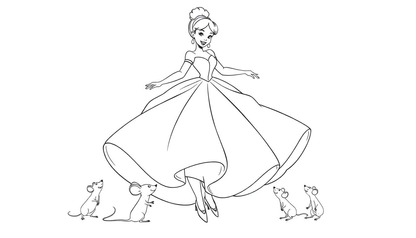 A happy Cinderella in her ballgown with mice, a black and white color panel.