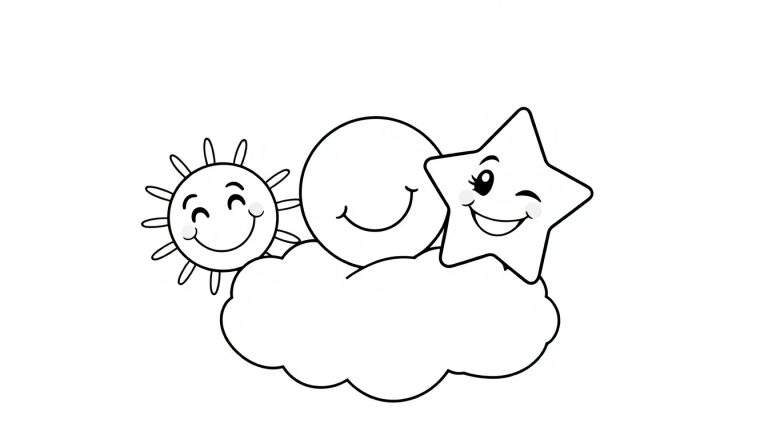 A black and white color panel showing a happy sun, moon, and star on a fluffy cloud.