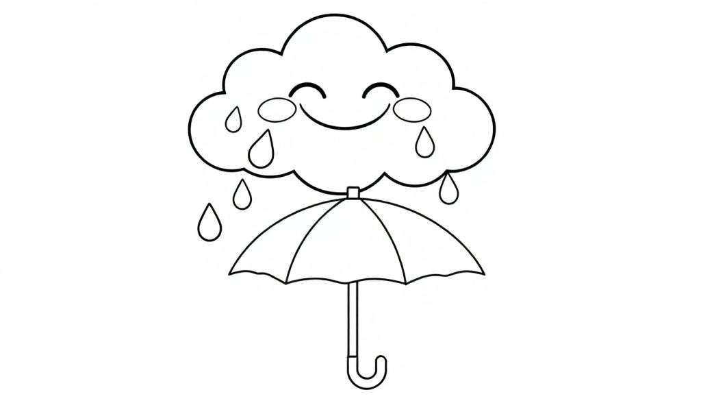 A smiling rain cloud with raindrop tears over an open umbrella, ready for coloring. A fun color panel for kids.