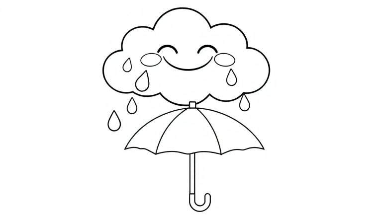 A smiling rain cloud with raindrop tears over an open umbrella, ready for coloring. A fun color panel for kids.