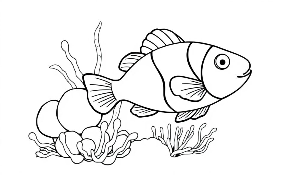 A friendly clownfish, ready for a color panel adventure, swims among anemones.