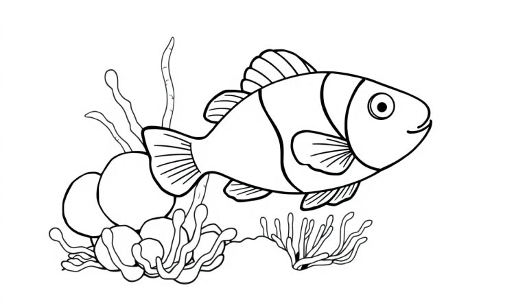A friendly clownfish, ready for a color panel adventure, swims among anemones.