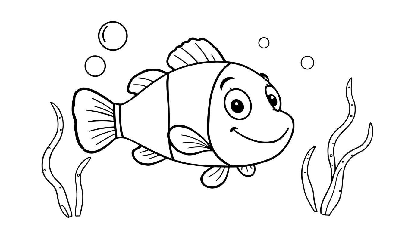 A black and white clownfish coloring panel, ready for a splash of color!