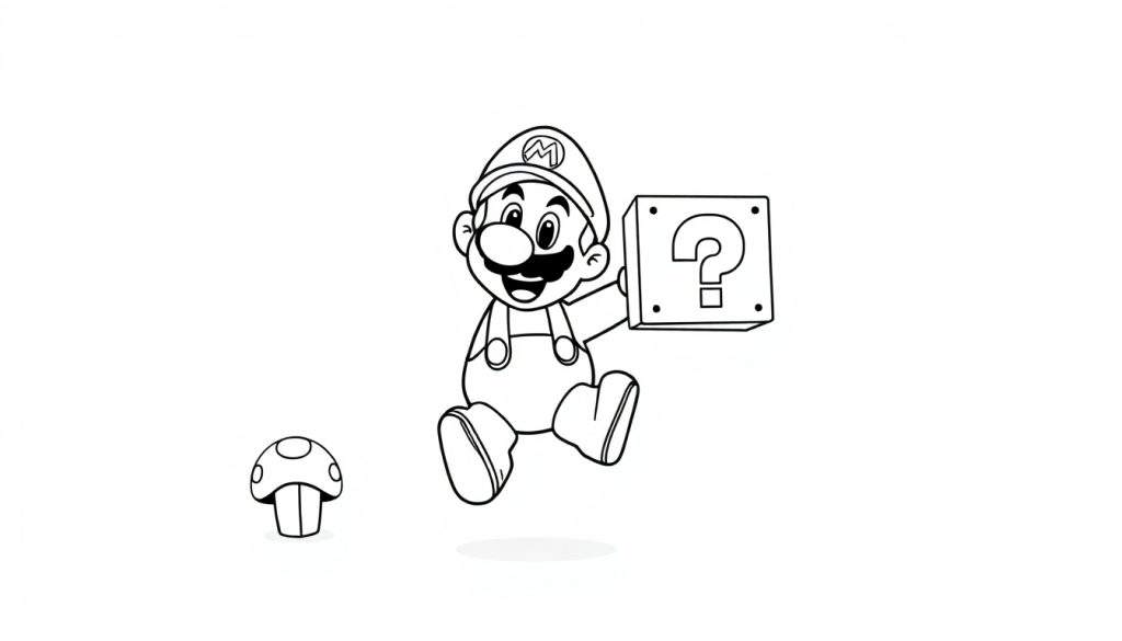Mario jumping with a question mark block and a mushroom, ready for a color panel.