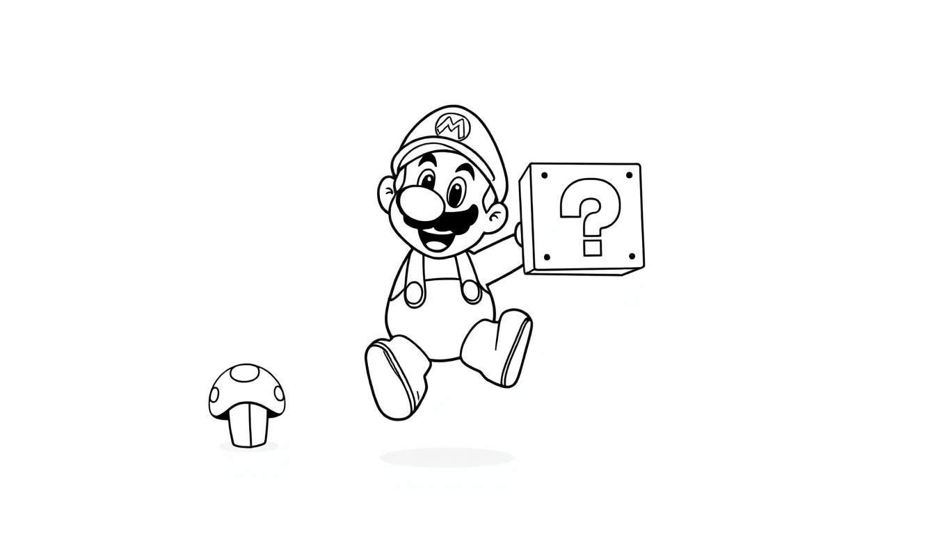 Mario jumping with a question mark block and a mushroom, ready for a color panel.