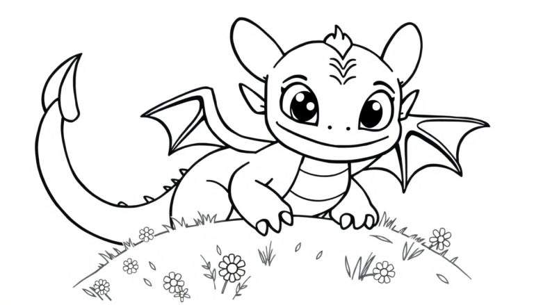 Cute cartoon dragon, ready for coloring, on a grassy hill. Black and white color panel.