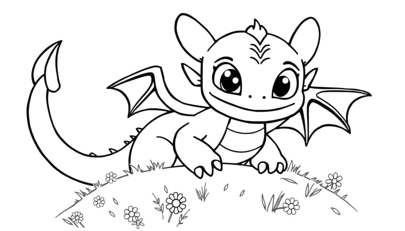 Cute cartoon dragon, ready for coloring, on a grassy hill. Black and white color panel.