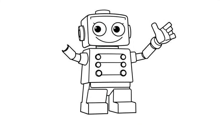 A friendly Lego robot in black and white outline, giving a thumbs-up, on a white background, ready for coloring in this color panel.