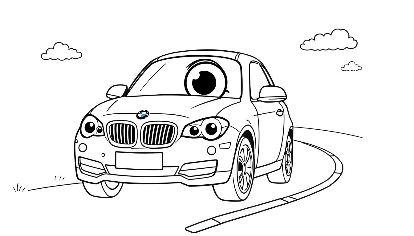 A cute black and white cartoon BMW car with big eyes on a winding road, ready for coloring. This is a fun color panel for kids.