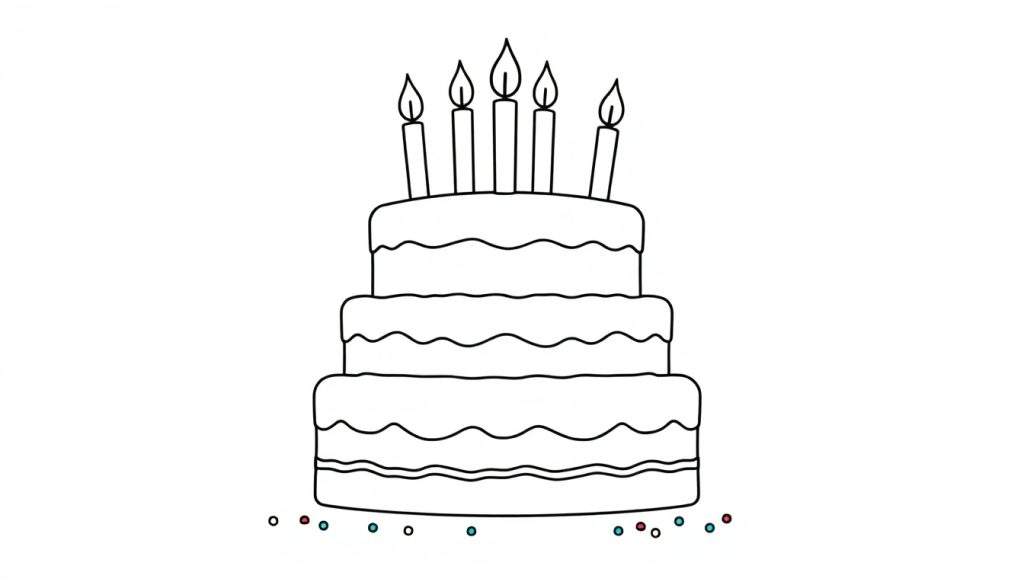 A black and white illustration of a three-tiered birthday cake with five lit candles and colorful sprinkles, ready for coloring in the color panel.