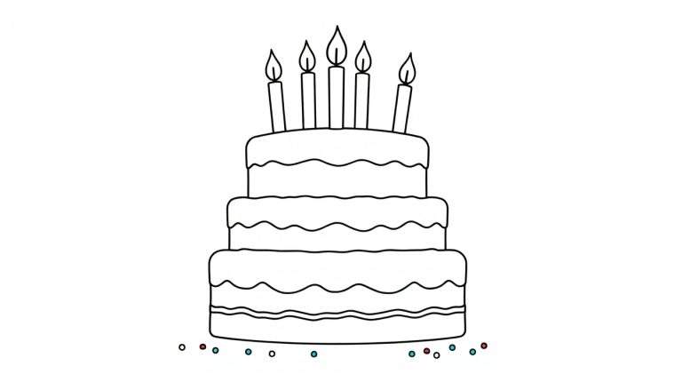 A black and white illustration of a three-tiered birthday cake with five lit candles and colorful sprinkles, ready for coloring in the color panel.