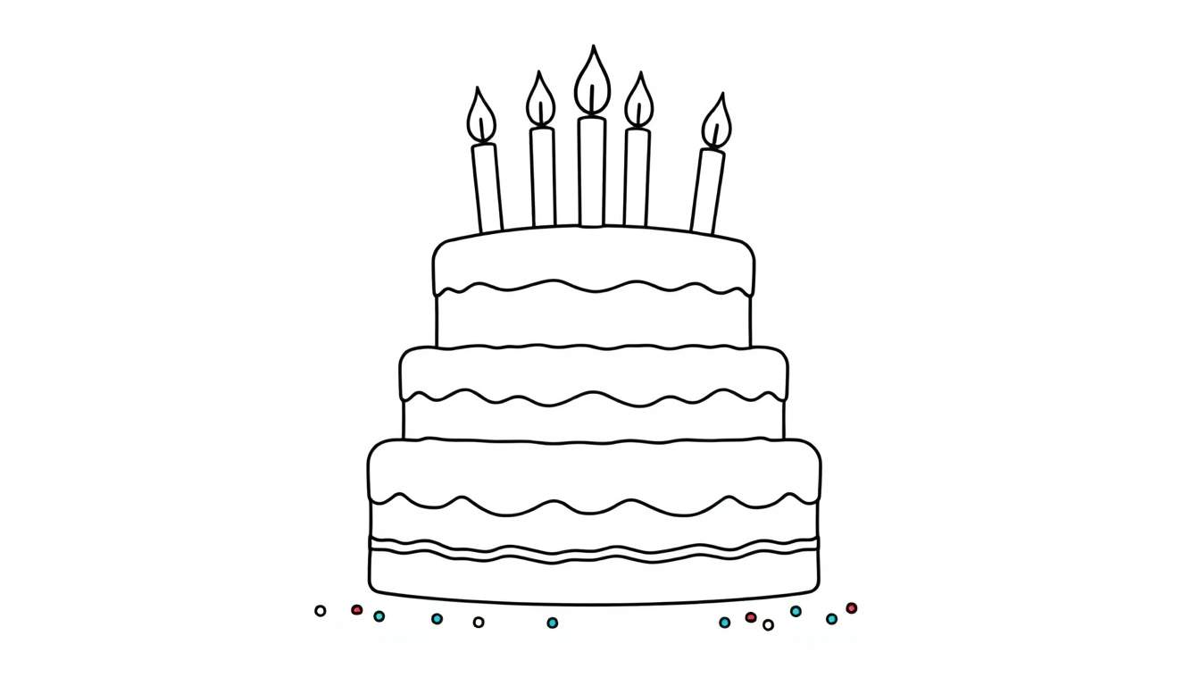 A black and white illustration of a three-tiered birthday cake with five lit candles and colorful sprinkles, ready for coloring in the color panel.