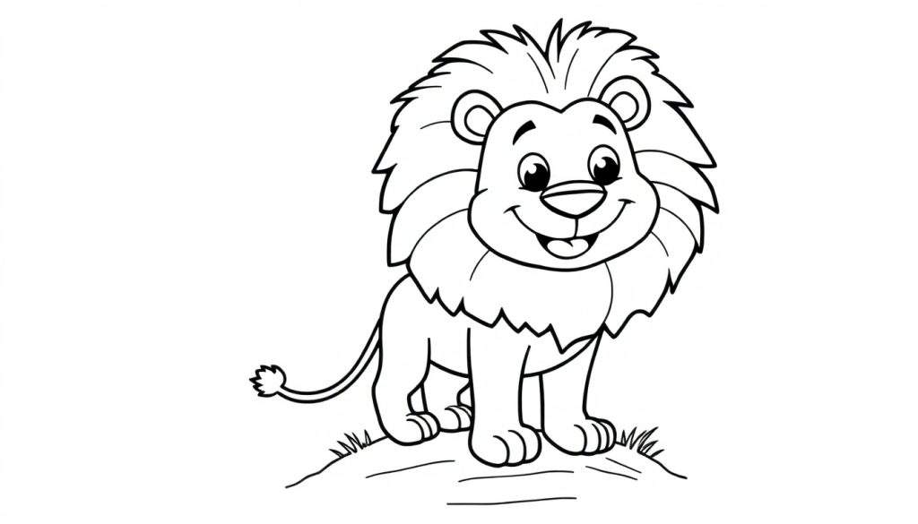 A friendly cartoon lion with a big mane, ready for coloring. This color panel features a smiling lion.
