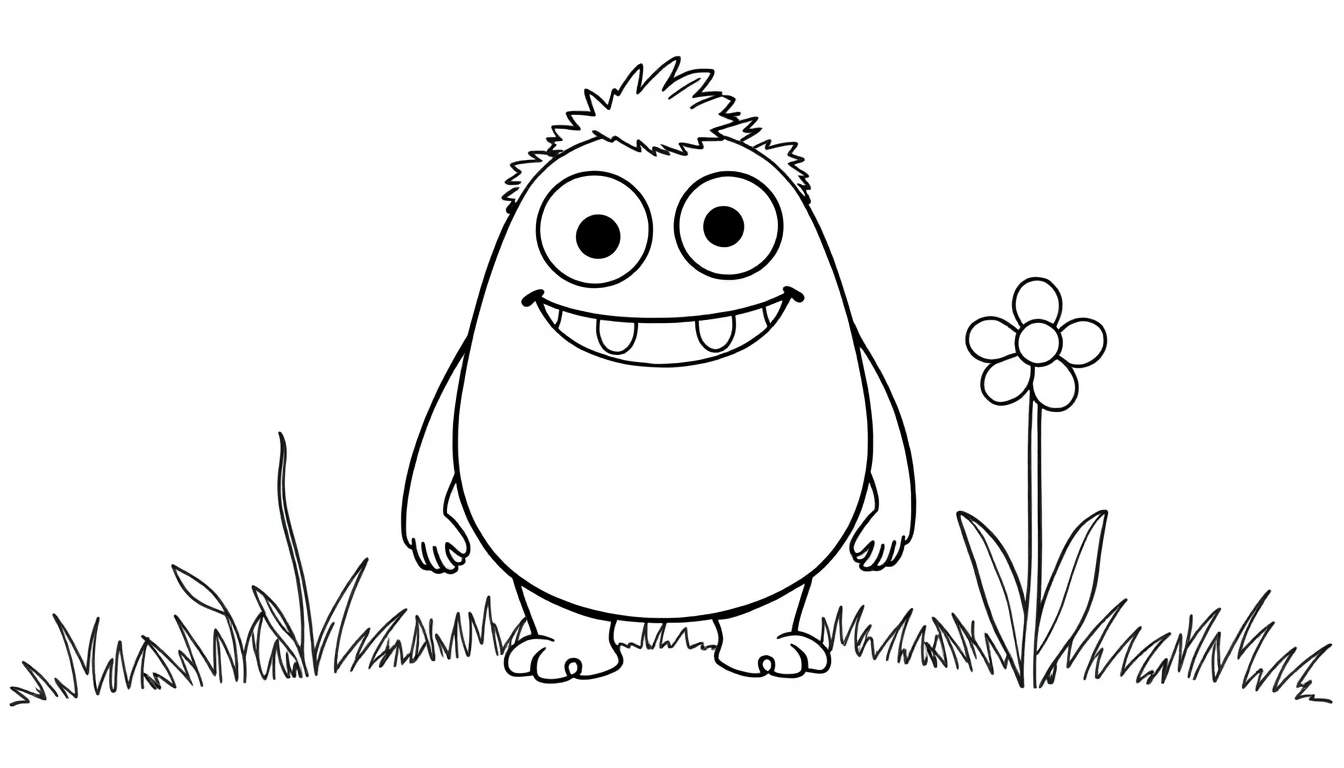 A friendly cartoon monster with big eyes and a grin in a grassy field, ready for the color panel.