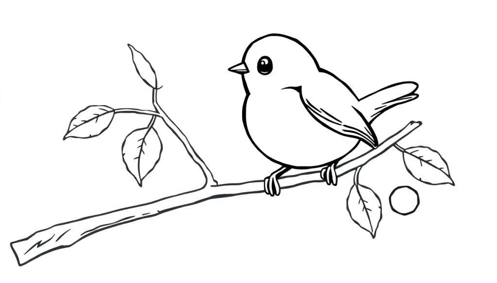 A cute black and white cartoon robin on a branch, ready for coloring in this color panel.