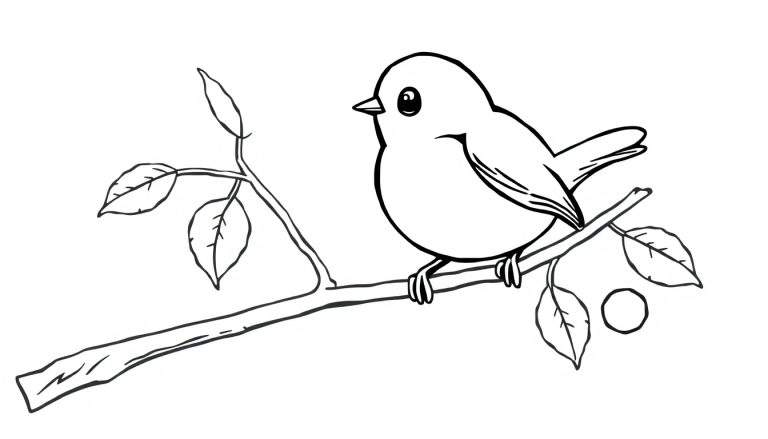 A cute black and white cartoon robin on a branch, ready for coloring in this color panel.