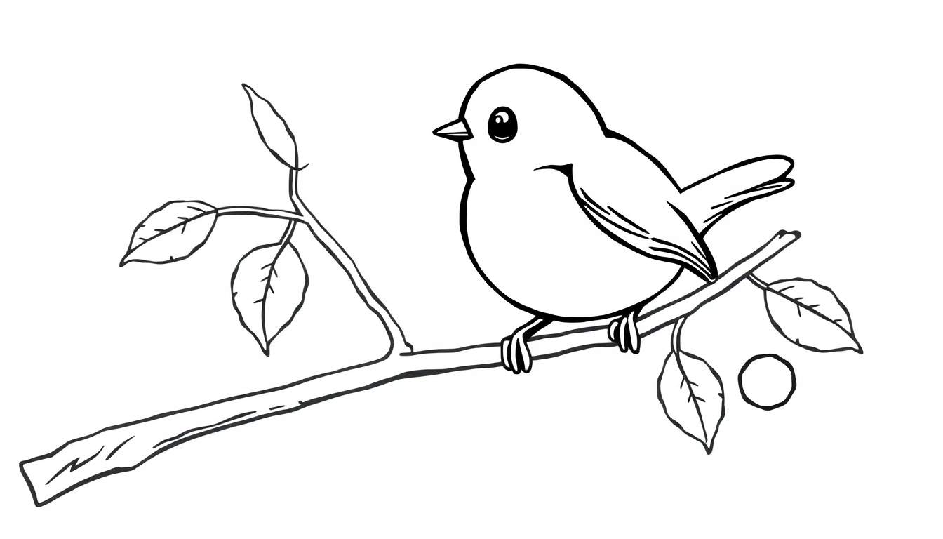 A cute black and white cartoon robin on a branch, ready for coloring in this color panel.