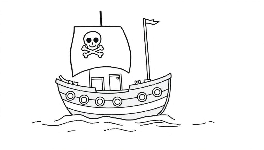 A friendly pirate ship in black and white outline, ready for coloring, with a skull and crossbones sail and wavy water lines. It's a fun color panel for kids.