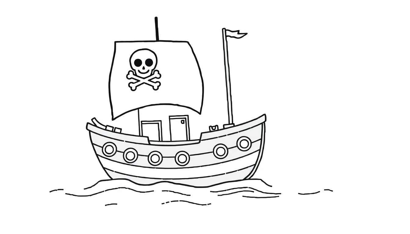 A friendly pirate ship in black and white outline, ready for coloring, with a skull and crossbones sail and wavy water lines. It's a fun color panel for kids.
