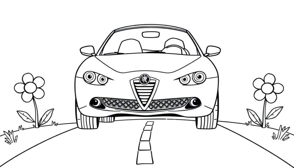 A happy black and white Alfa Romeo convertible coloring panel.