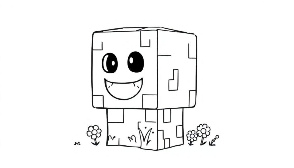 A smiling Minecraft Creeper character, ready for the color panel, in black and white line art.
