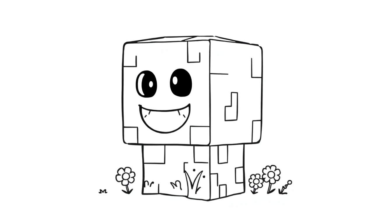 A smiling Minecraft Creeper character, ready for the color panel, in black and white line art.
