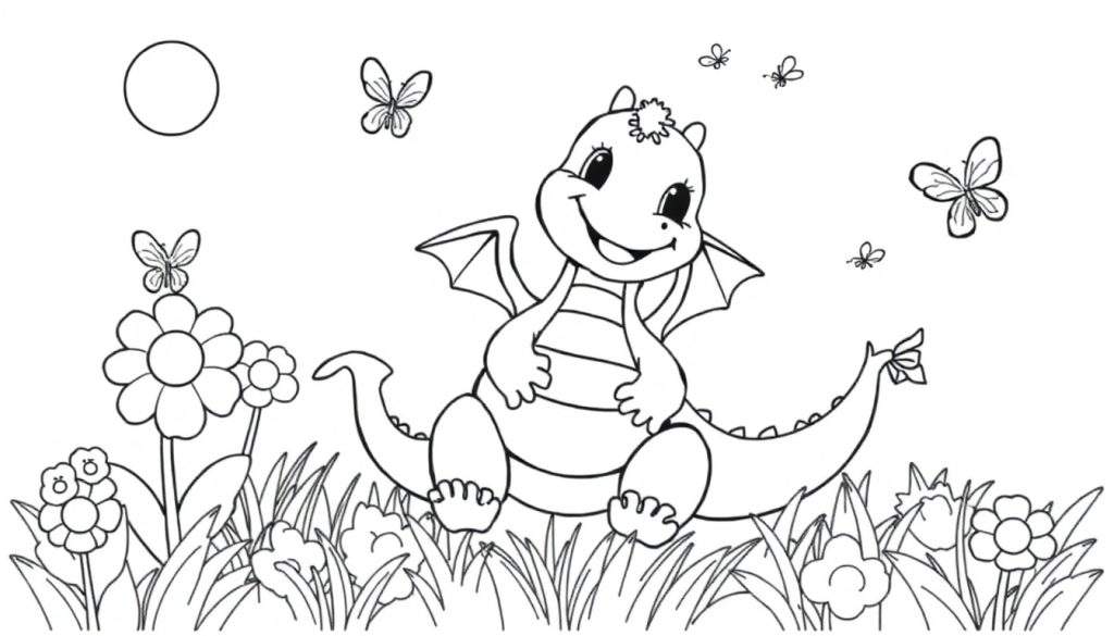 A cute baby dragon is sitting in a field of flowers with butterflies flying around it, in a black and white coloring panel.