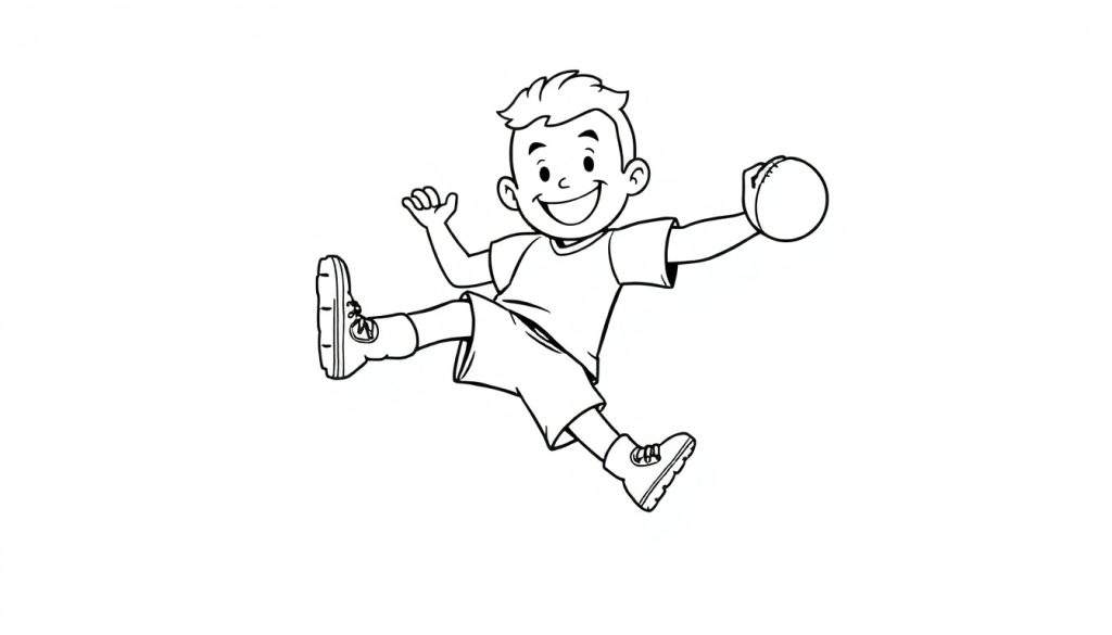 A happy cartoon boy jumping with a football, ready for the color panel.