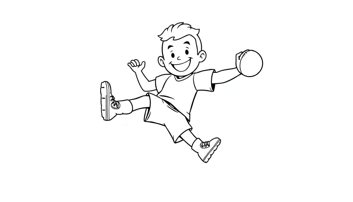 A happy cartoon boy jumping with a football, ready for the color panel.