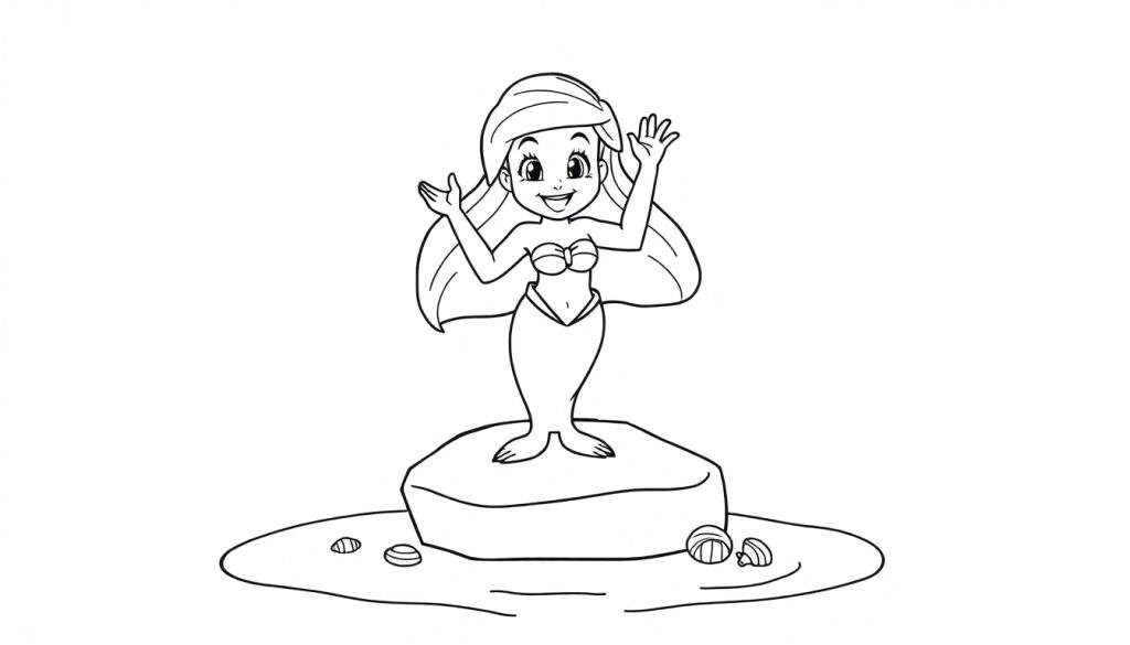 A friendly cartoon mermaid waving hello, ready to be colored in this delightful color panel.