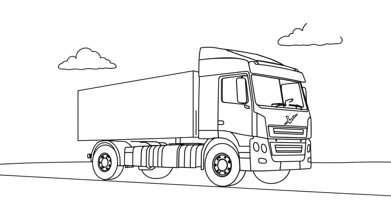 A friendly black and white Volvo truck ready for coloring, a fun color panel for kids.