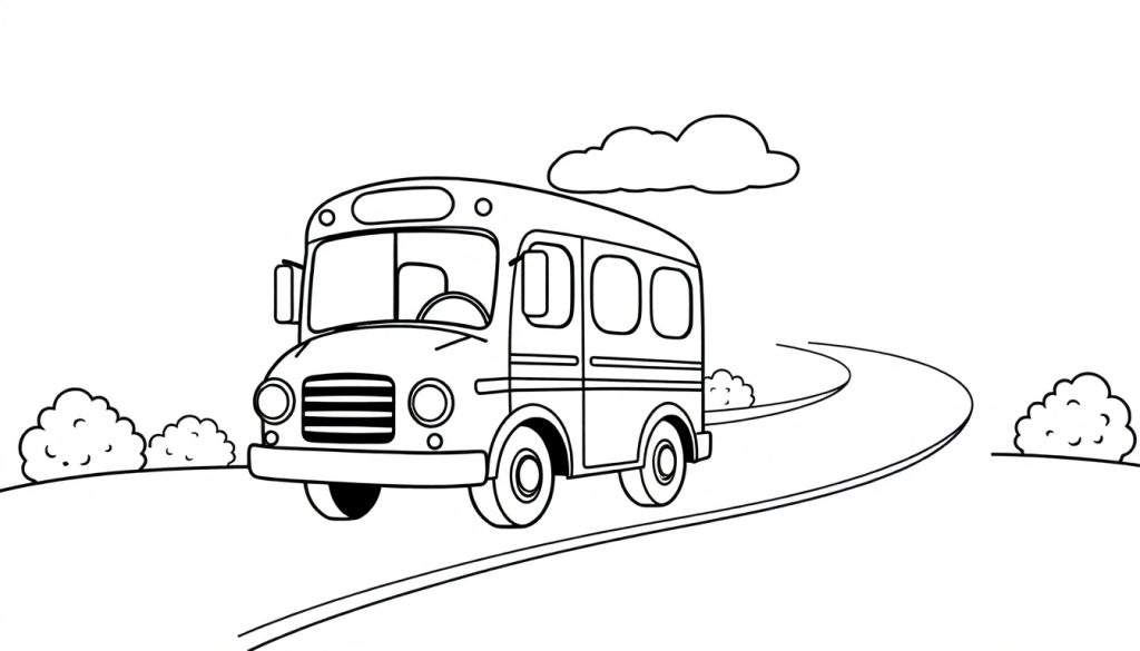 A cute little yellow school bus on a winding road, ready for kids to color! Black and white line drawing for a coloring page. This is a fun color panel adventure!