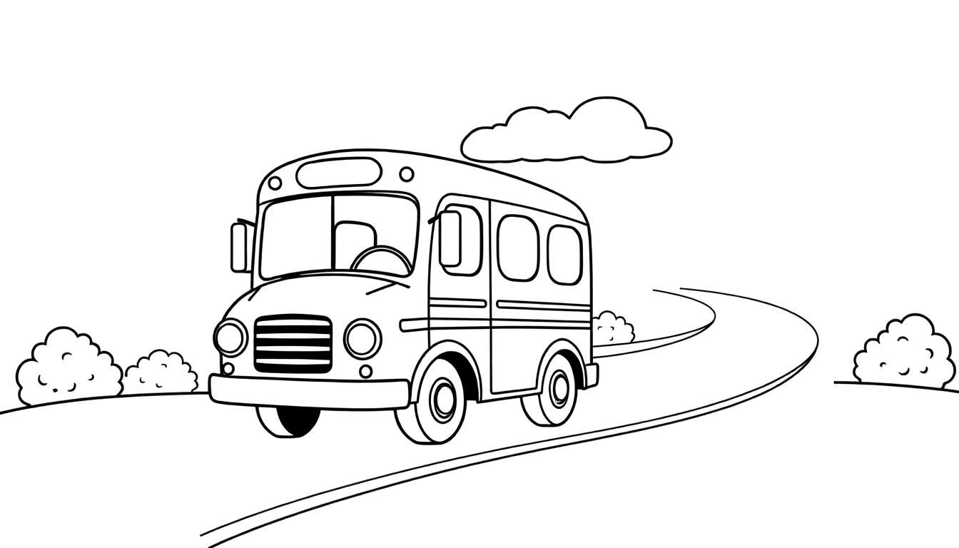 A cute little yellow school bus on a winding road, ready for kids to color! Black and white line drawing for a coloring page. This is a fun color panel adventure!