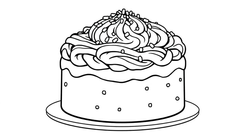 A happy cake illustration in a color panel, ready for coloring.