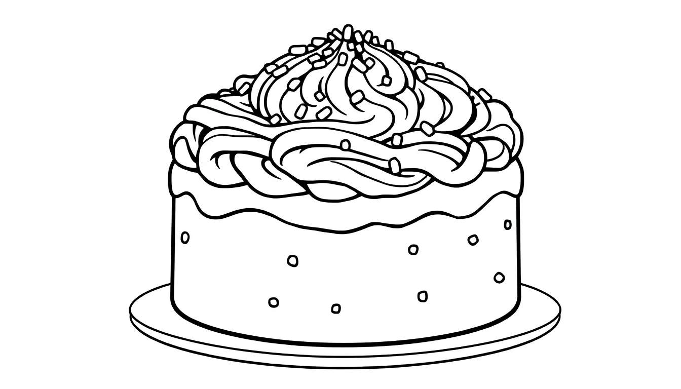 A happy cake illustration in a color panel, ready for coloring.