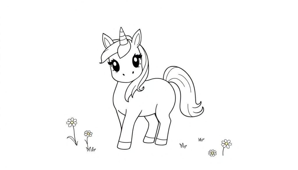 A cute black and white unicorn line art, perfect for a color panel.