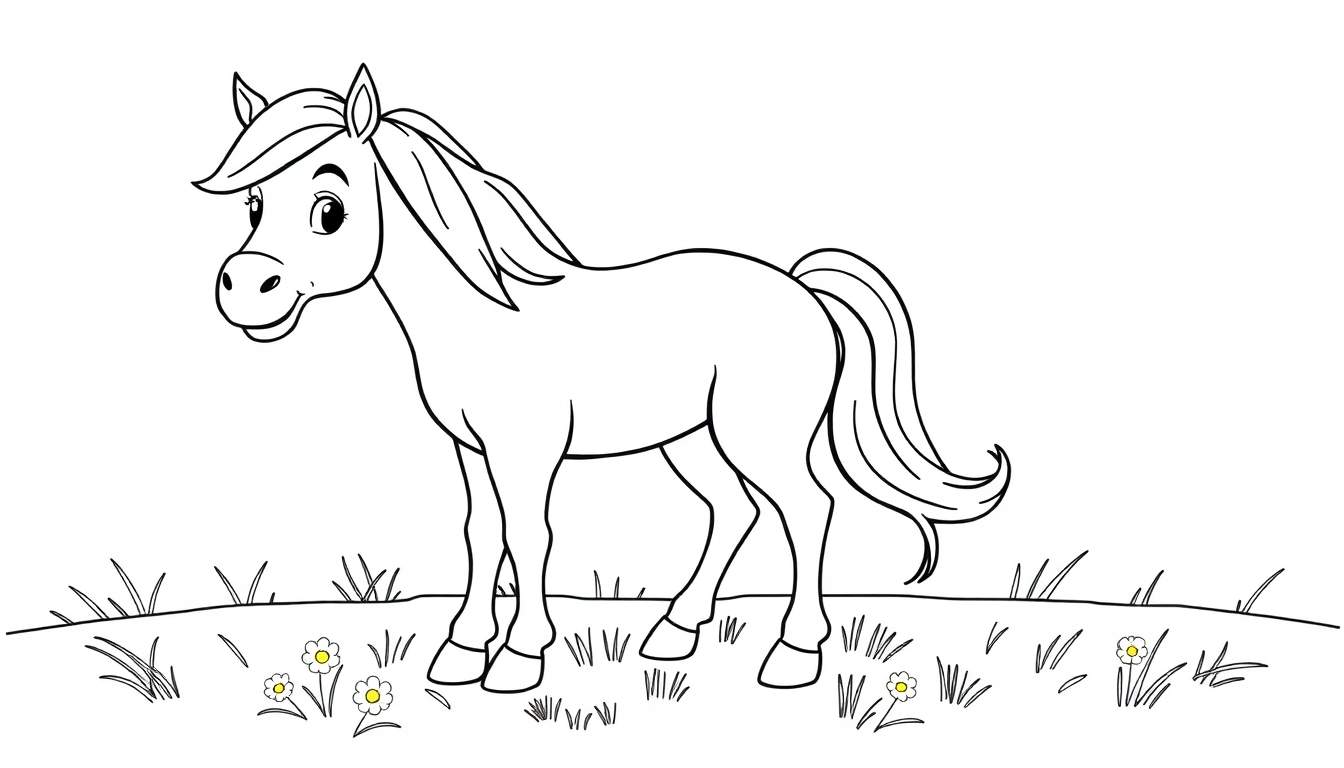 A happy cartoon horse in a grassy field, ready for coloring in this color panel.