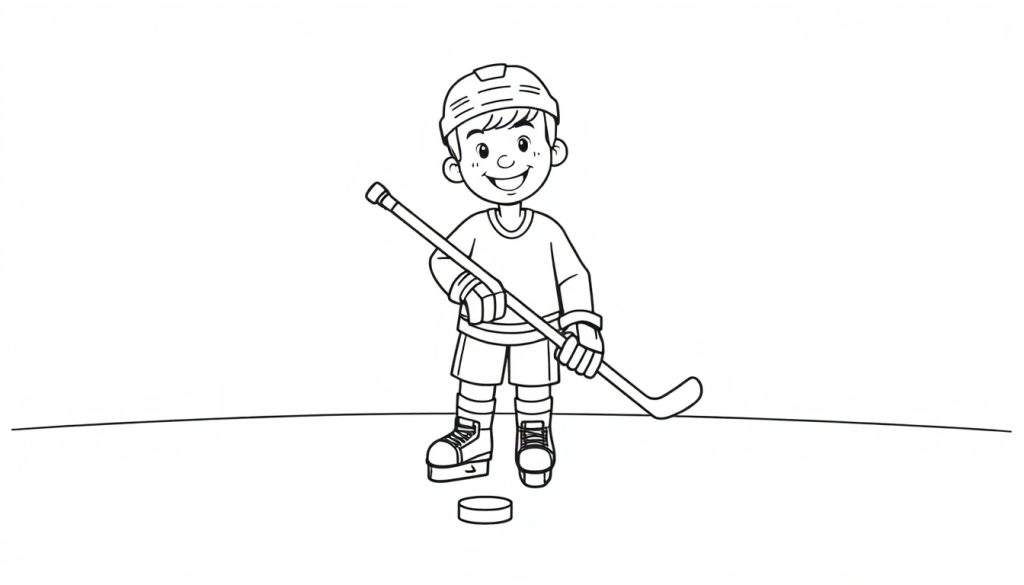 A black and white cartoon of a happy young boy in hockey gear on ice, ready to play, a color panel to be filled.
