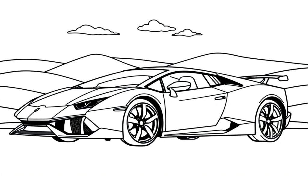 A black and white illustration of a Lamborghini sports car, part of a color panel, with a mountainous background.