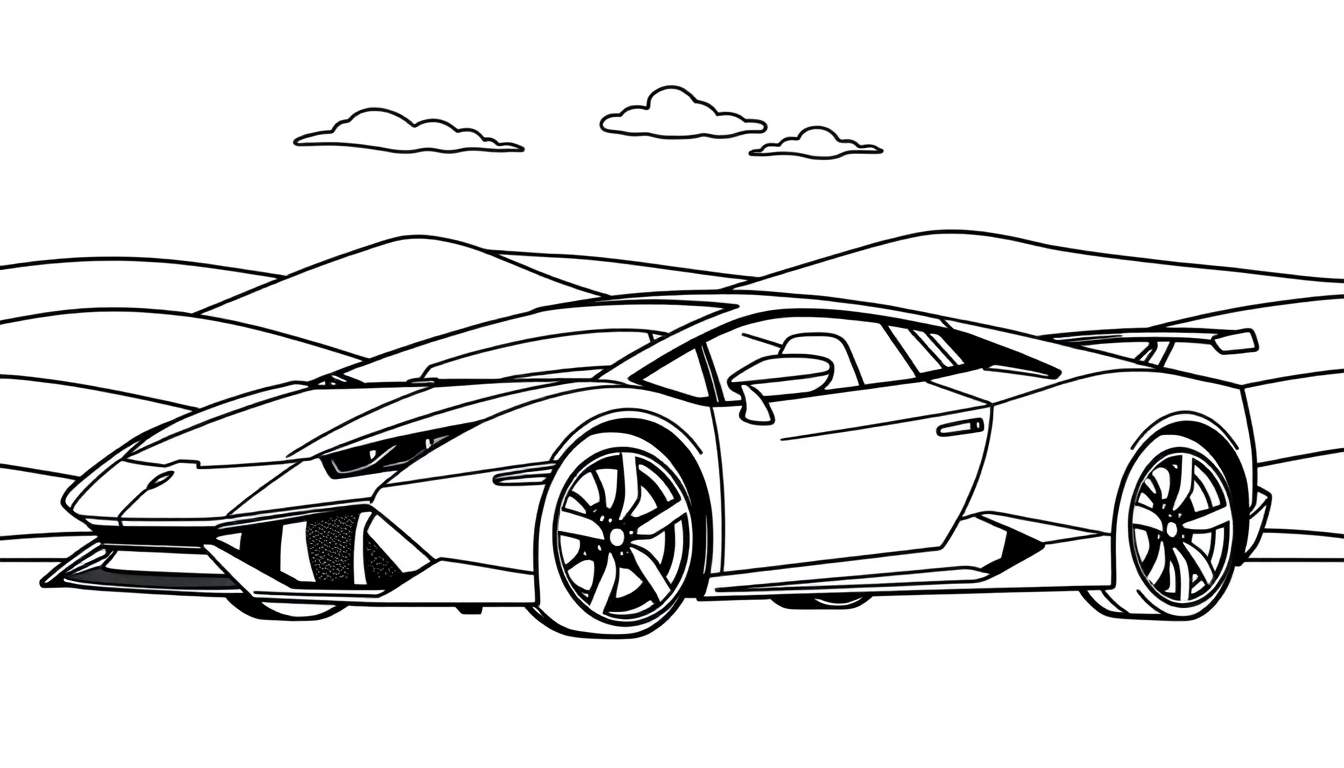 A black and white illustration of a Lamborghini sports car, part of a color panel, with a mountainous background.