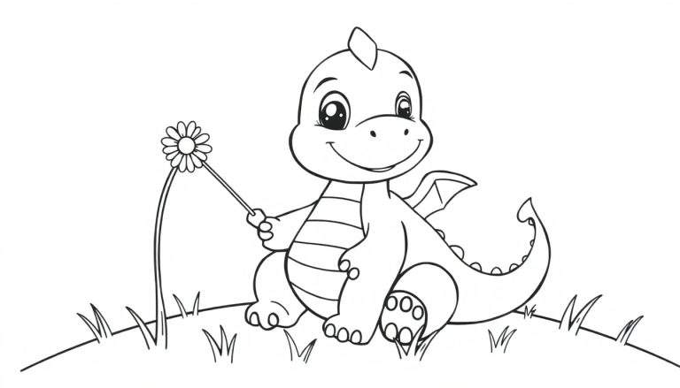 A cute baby dragon is sitting and holding a flower, ready for you to color this color panel!