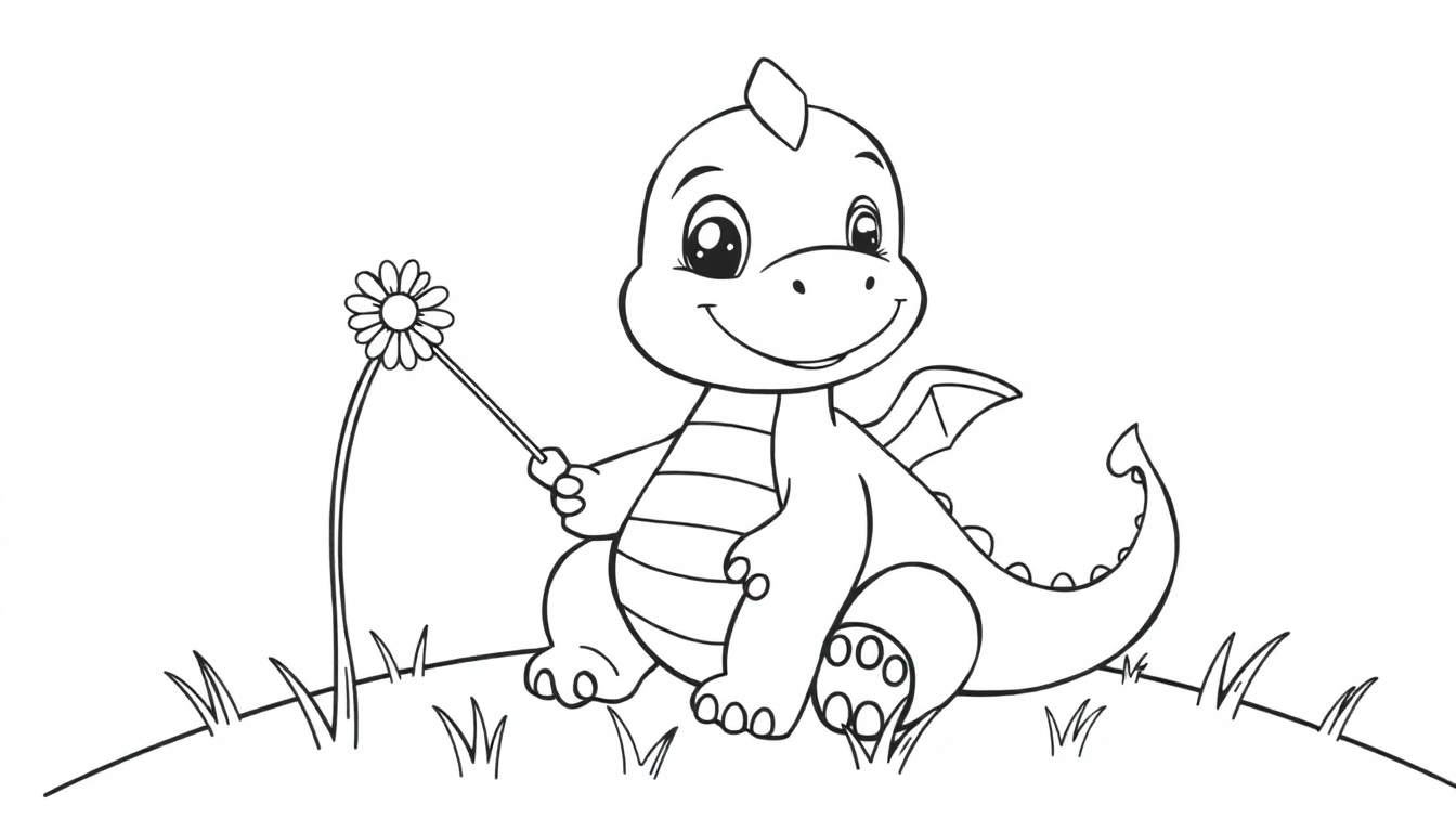A cute baby dragon is sitting and holding a flower, ready for you to color this color panel!