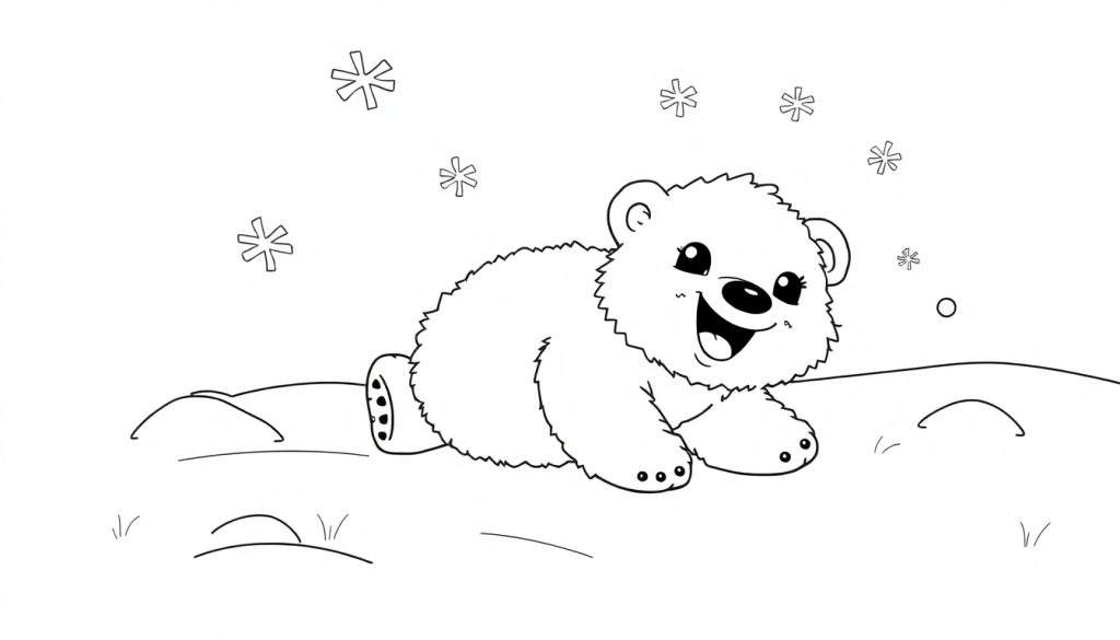 A cute polar bear cub playing in the snow, outlined for a black and white coloring page with snowflakes, a color panel effect.